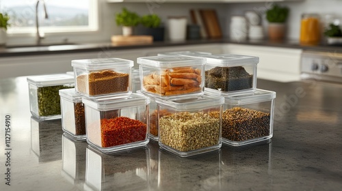 A collection of spices and grains in clear containers on a kitchen countertop.