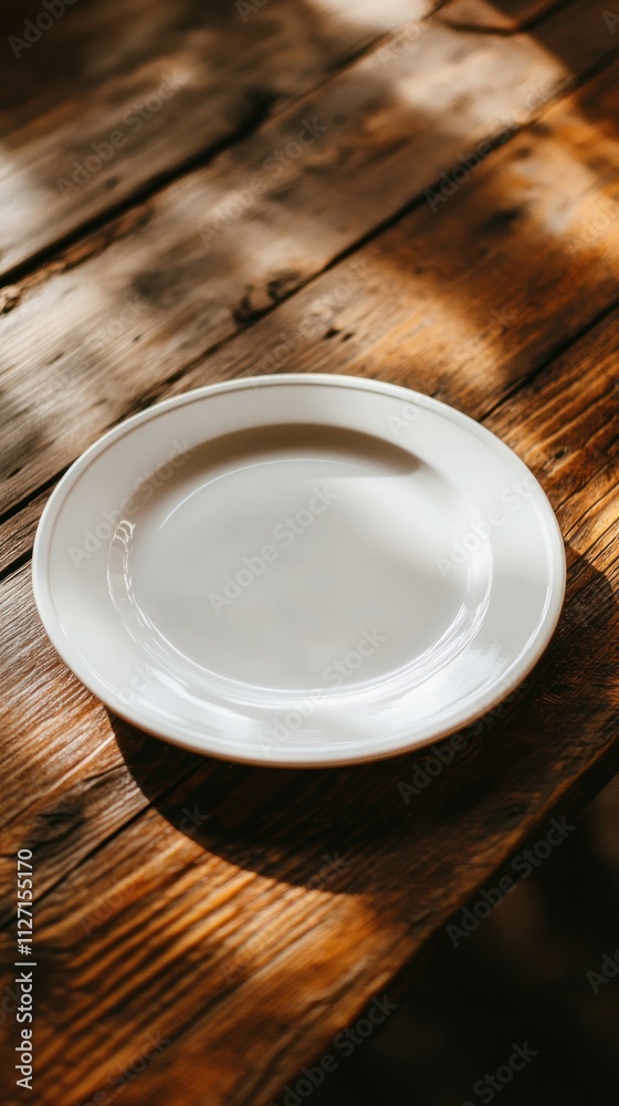 A simple white plate rests on a rustic wooden table, illuminated by soft natural light. A simple white plate rests on a rustic wooden table, illuminated by soft natural light.