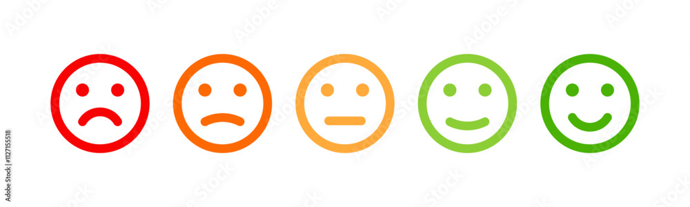 Rating emoji set with five star rating scale for customer review and feedback. Emoticon icons. Level of satisfaction rating. User experience. Customer service and satisfaction concept. Rating emoji set with five star rating scale for customer review and feedback. Emoticon icons. Level of satisfaction rating. User experience. Customer service and satisfaction concept.