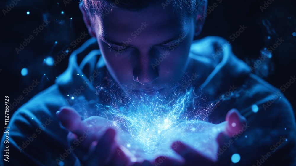 Person's hands cupped, glowing blue energy. Person's hands cupped, glowing blue energy.