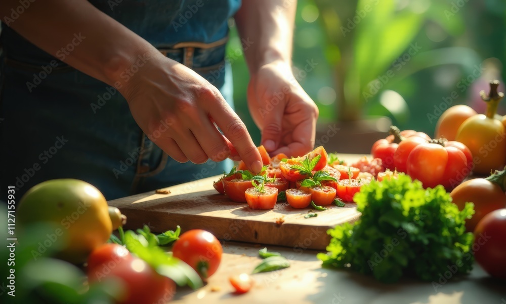 Close-up shot of locally sourced food being prepared in an eco-lodge kitchen, highlighting fresh, organic ingredients. Close-up shot of locally sourced food being prepared in an eco-lodge kitchen, highlighting fresh, organic ingredients.
