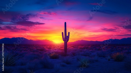 Cactus silhouette in the desert with a dramatic sunset gradient