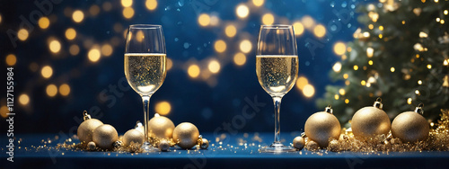 Festive Holiday Elegance: Sparkling Champagne Glasses, Glittering Table Decor, and Golden Christmas Lights for a Magical Celebration

