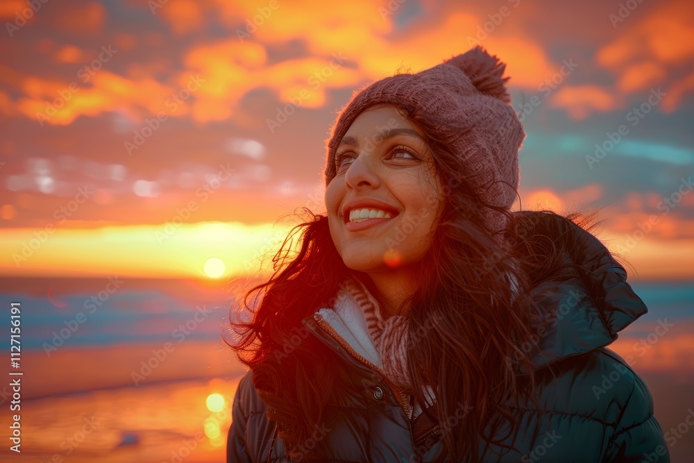 Portrait of a glad indian woman in her 30s wearing a warm parka while standing against vibrant beach sunset background Portrait of a glad indian woman in her 30s wearing a warm parka while standing against vibrant beach sunset background