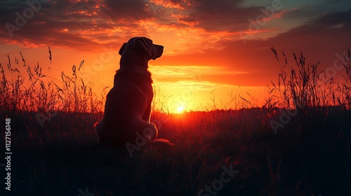 Dog sitting in the park silhouette with a colorful gradient photo