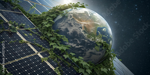 Highlight Earth surrounded by green vines and solar grids to signify harmony between nature and technology
