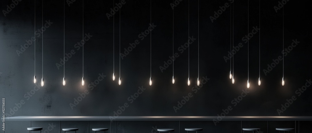 Row of white light bulbs hanging from the ceiling in a dark room. the light bulbs are arranged in a diagonal line, creating a sense of depth and dimension. Row of white light bulbs hanging from the ceiling in a dark room. the light bulbs are arranged in a diagonal line, creating a sense of depth and dimension.