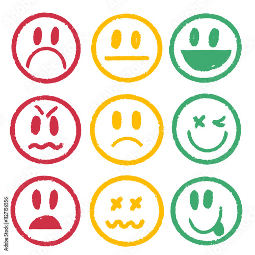 Set of faces, mood red, yellow, green. Sad, indifferent and happy. Good, regular and bad. Rating, self-assessment. Individual performance. Service quality. Hand drawn grunge vector illustration.