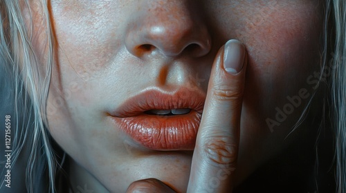 A closeup photo of a woman face with her finger pressed to her lips. She is making a shhh gesture, which indicates that she wants to be quiet. The background is a plain grey, cropped photo