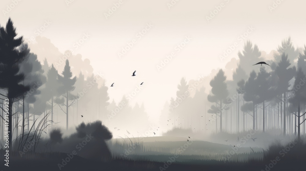 Fototapeta premium Silhouettes of birds flying in a misty forest with tall trees and dense foliage, serene atmosphere, nature concept