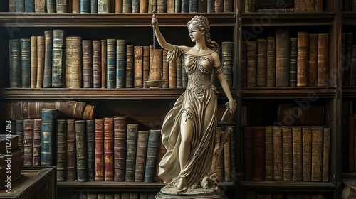 Femida statue on library background. Law and justice concept