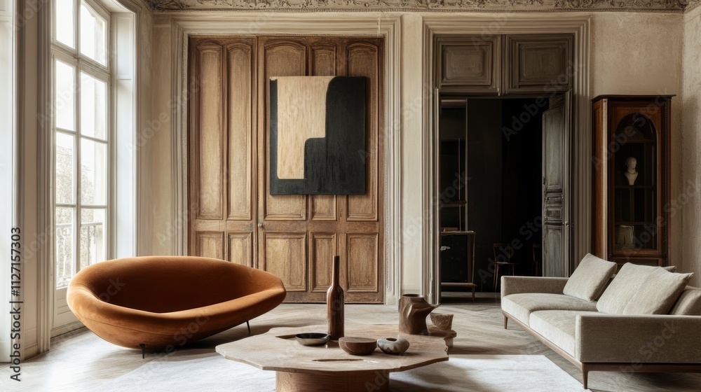 Fototapeta premium Luxurious living room interior with modern sofa, wooden floors, and abstract art.