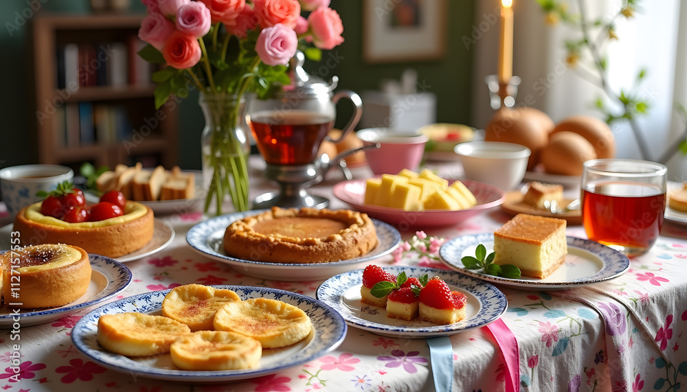 Naklejka premium Shrovetide treats: A table with a variety of traditional dishes such as pancakes, pies, cheesecakes and hot tea in a samovar.