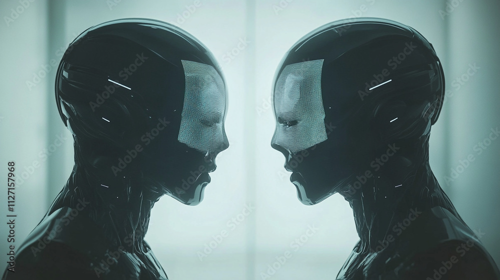 Two futuristic androids face each other minimalistic setting, their sleek black designs reflecting light as they engage silent, intense interaction, evoking sense of advanced technology and AI Two futuristic androids face each other minimalistic setting, their sleek black designs reflecting light as they engage silent, intense interaction, evoking sense of advanced technology and AI