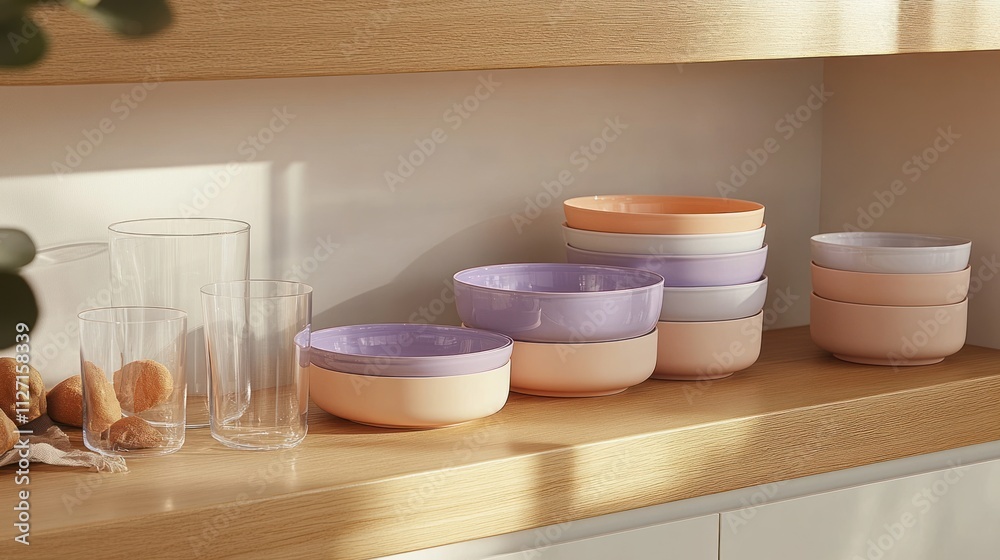 A collection of colorful bowls and glasses arranged on a wooden shelf. A collection of colorful bowls and glasses arranged on a wooden shelf.