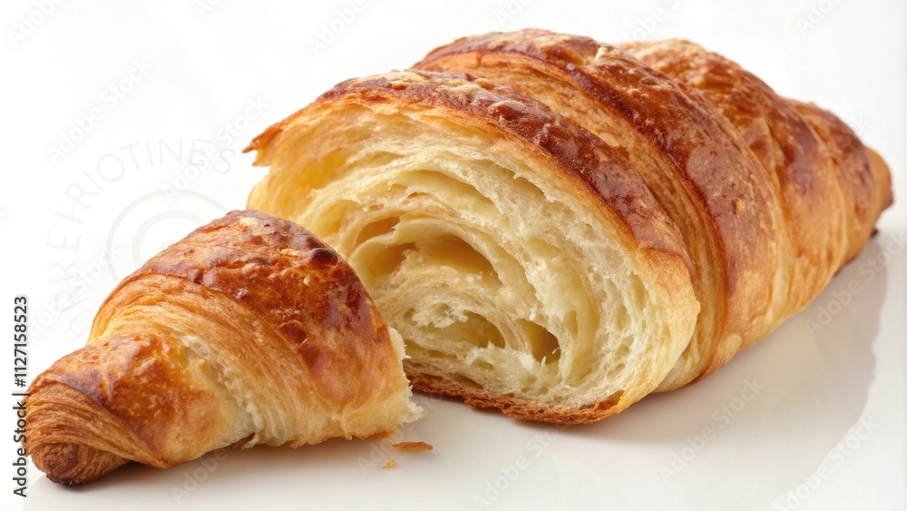 A fresh, golden brown croissant, sliced open to reveal its flaky layers and soft interior A fresh, golden brown croissant, sliced open to reveal its flaky layers and soft interior