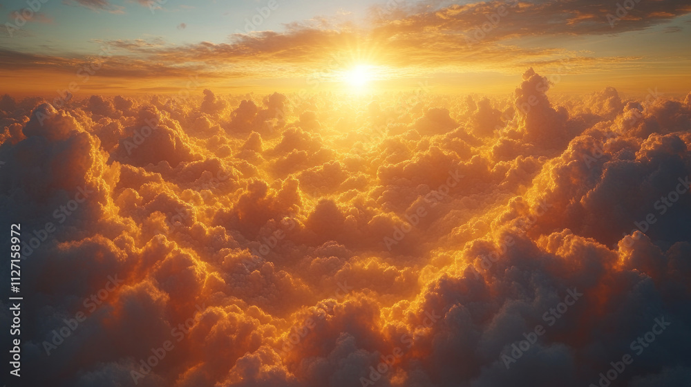 Fototapeta premium Clouds aerial view at sunrise, with golden rays breaking through soft, pillowy cloud formations