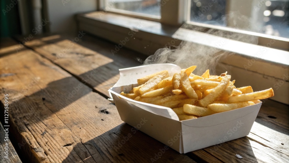 Golden, crispy french fries steaming in a white paper container on a rustic wooden table, bathed in warm sunlight. Golden, crispy french fries steaming in a white paper container on a rustic wooden table, bathed in warm sunlight.