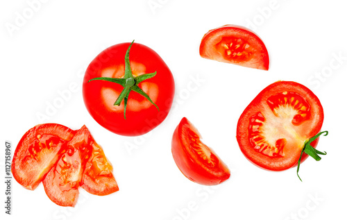 Tomato and tomato slices isolated on a white background, top view