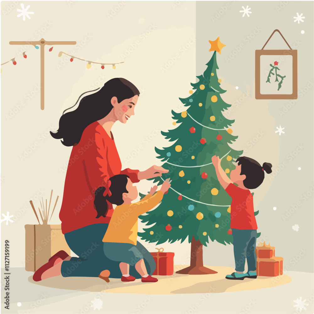 Parents celebrating Christmas Day illustration vector design, Mother decorating Christmas tree with kids Parents celebrating Christmas Day illustration vector design, Mother decorating Christmas tree with kids