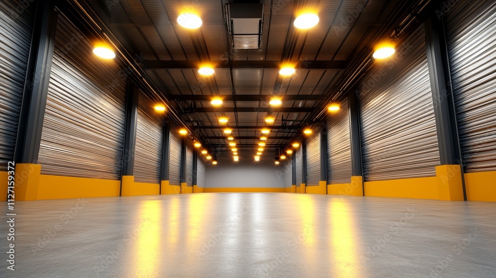 A spacious industrial warehouse with bright overhead lights illuminating the polished concrete floor and metal walls, showcasing a modern design. A spacious industrial warehouse with bright overhead lights illuminating the polished concrete floor and metal walls, showcasing a modern design.