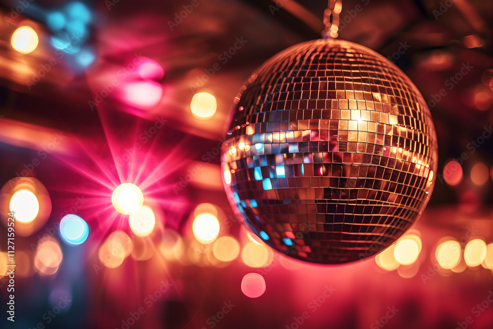 Fototapeta premium Glittering disco ball hanging in nightclub, reflecting vibrant lights and creating festive atmosphere