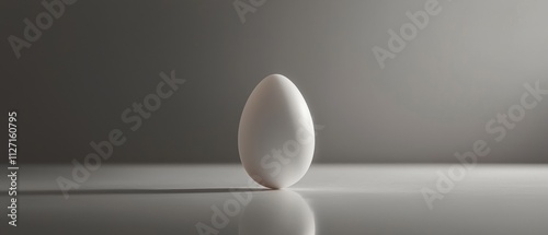 Close-up of a single white egg on a reflective surface. the egg is in the center of the image, with its body facing towards the left side of the frame. it appears to be empty and is standing upright. photo