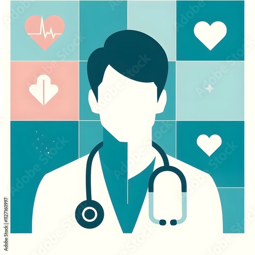 A color block portrait of a nurse, featuring tones of teal, white, and light pink, with a stethoscope icon and minimal heart pattern