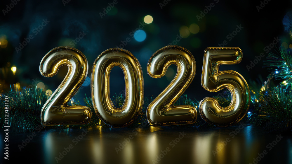 Shiny gold balloon numbers celebrating new year 2025 against a festive background Shiny gold balloon numbers celebrating new year 2025 against a festive background