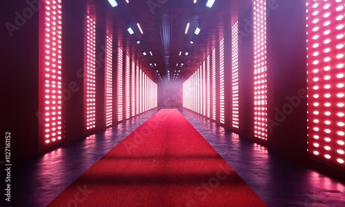 Red carpet runway with pink neon lights and smoke effect