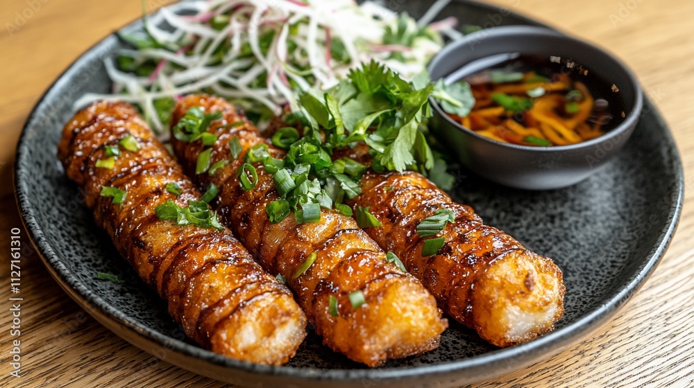 Crispy fried spring rolls with dipping sauce and salad. Crispy fried spring rolls with dipping sauce and salad.