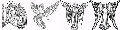 Collection of Ethereal Angels in Elegant Line Art Style for Illustrations