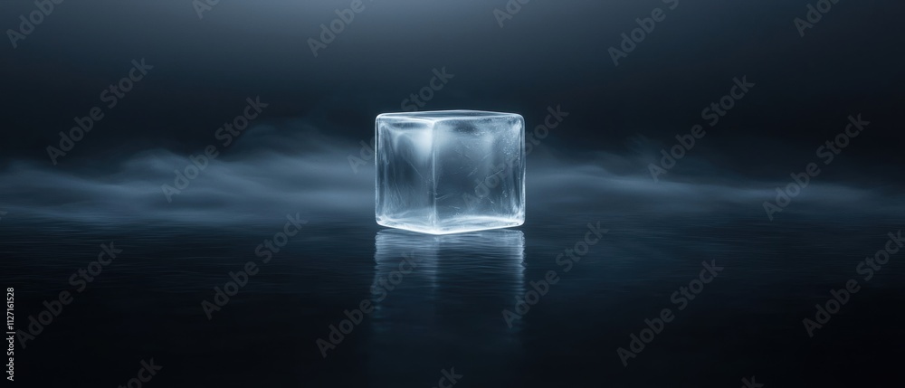 Photograph of an ice cube on a dark blue background. the ice cube is in the center of the image, with its reflection visible on the surface of the water below. Photograph of an ice cube on a dark blue background. the ice cube is in the center of the image, with its reflection visible on the surface of the water below.