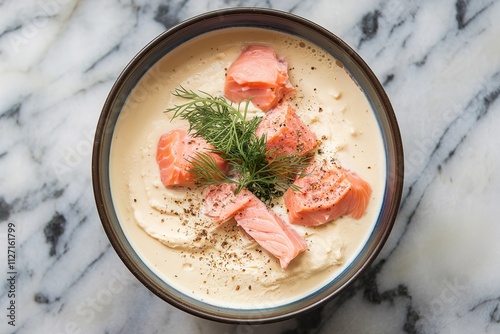 a bowl of salmon and cream soup on a marble surface photo