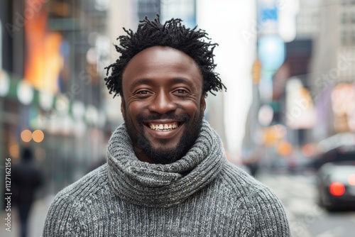 Portrait of a cheerful afro-american man in his 40s dressed in a warm wool sweater in front of modern cityscape background