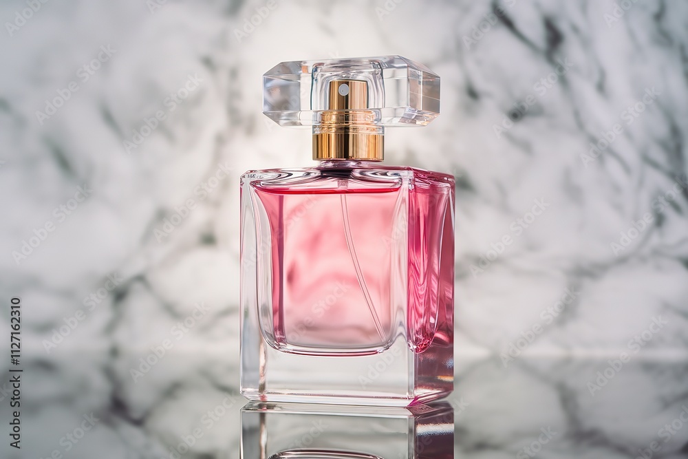 A clear, rectangular perfume bottle with a gold-colored spray nozzle at the top A clear, rectangular perfume bottle with a gold-colored spray nozzle at the top