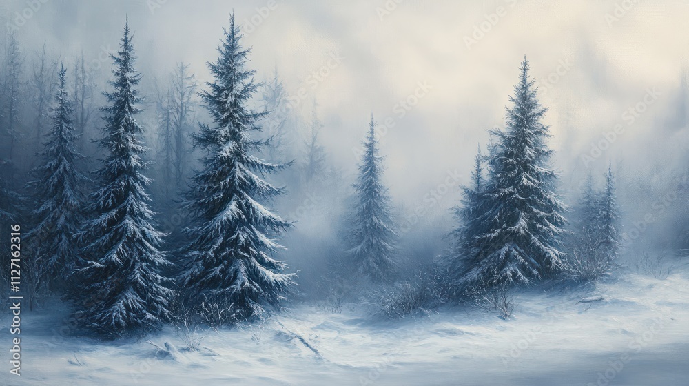 A serene winter scene of a forest covered with fog, showcasing towering spruce trees peeking through the mist. A tranquil representation of nature's quiet beauty and solitude.