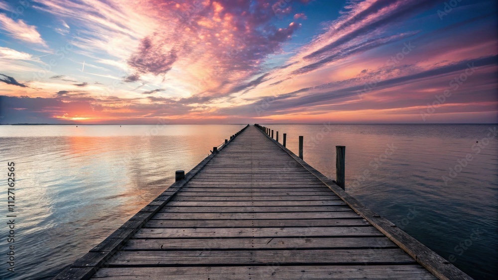 Obraz premium A wooden pier extending towards the horizon as the sun sets over a calm lake, painting the sky with hues of pink and orange. The clouds reflect in the water, creating a mesmerizing spectacle.