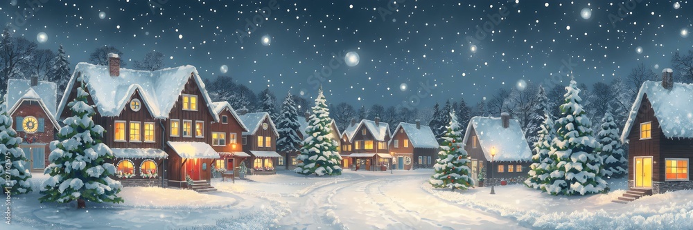 An illustration of a snowy Christmas village at night, with warm glowing lights, decorated trees, and falling snow. An illustration of a snowy Christmas village at night, with warm glowing lights, decorated trees, and falling snow.