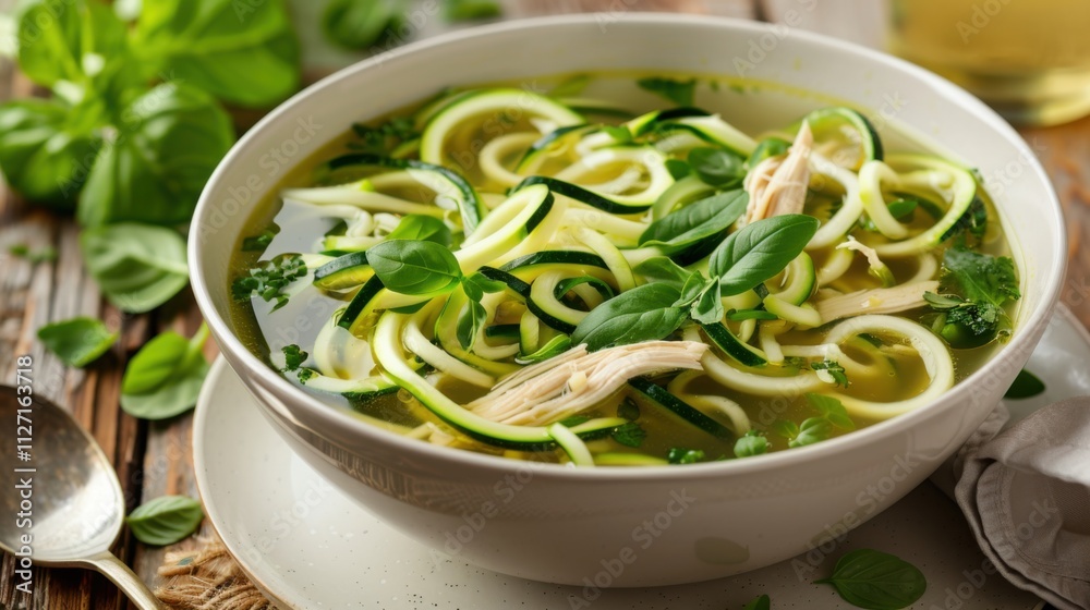 A low-carb soup. featuring chicken broth, zucchini noodles, and fresh herbs. highlighting the warmth and nutrition of low-carb soups. Ideal for winter recipes and health guides A low-carb soup. featuring chicken broth, zucchini noodles, and fresh herbs. highlighting the warmth and nutrition of low-carb soups. Ideal for winter recipes and health guides