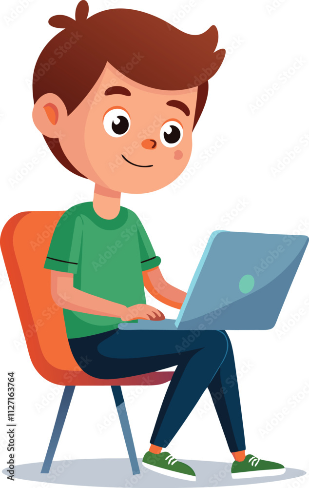 a boy is using his laptop vector a boy is using his laptop vector