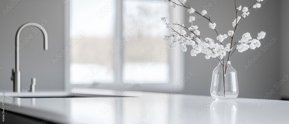 Modern kitchen countertop with a sink and a vase of white flowers on it. the countertop is made of white marble and the sink is on the left side of the image. Modern kitchen countertop with a sink and a vase of white flowers on it. the countertop is made of white marble and the sink is on the left side of the image.