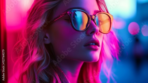 Woman's face, colorful lights, sunglasses, wavy hair.