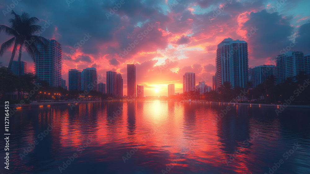 Fototapeta premium Miami skyline during golden hour, with glowing reflections in the city canals