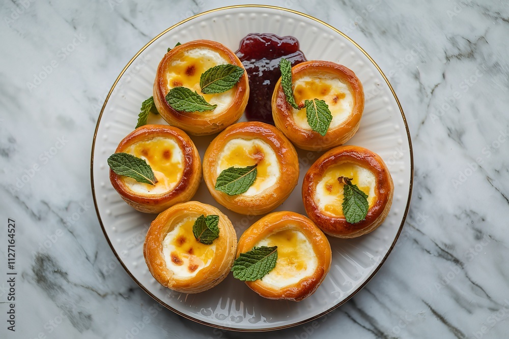 A medium shot of a white plate with small round cheese pastries A medium shot of a white plate with small round cheese pastries