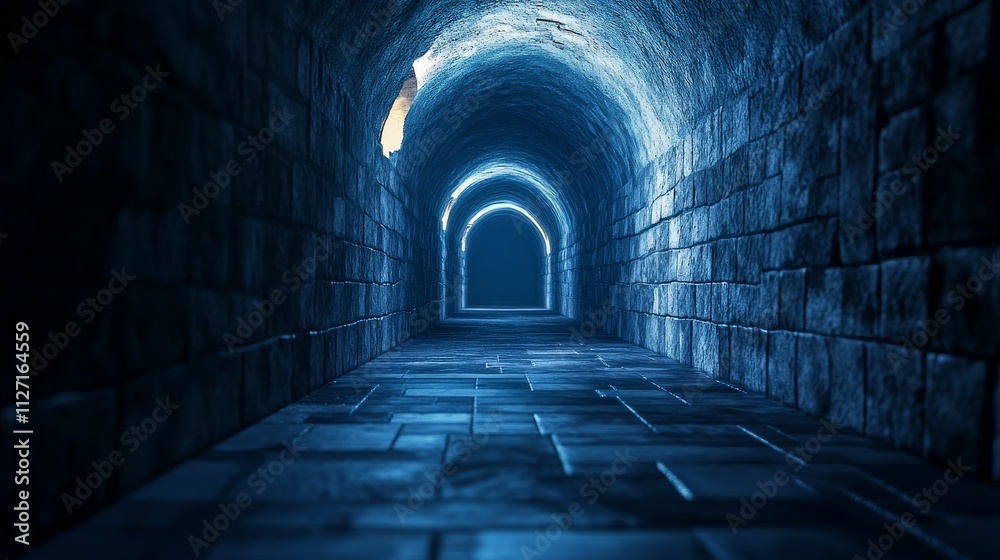 Obraz premium Stone tunnel, arched ceiling, blue light, receding pathway.