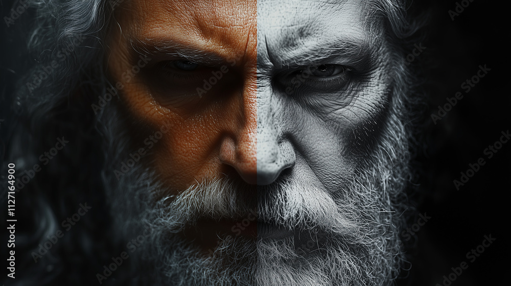 Close-up of older man, elderly, meaningful gaze skin aging, black and white warrior Close-up of older man, elderly, meaningful gaze skin aging, black and white warrior