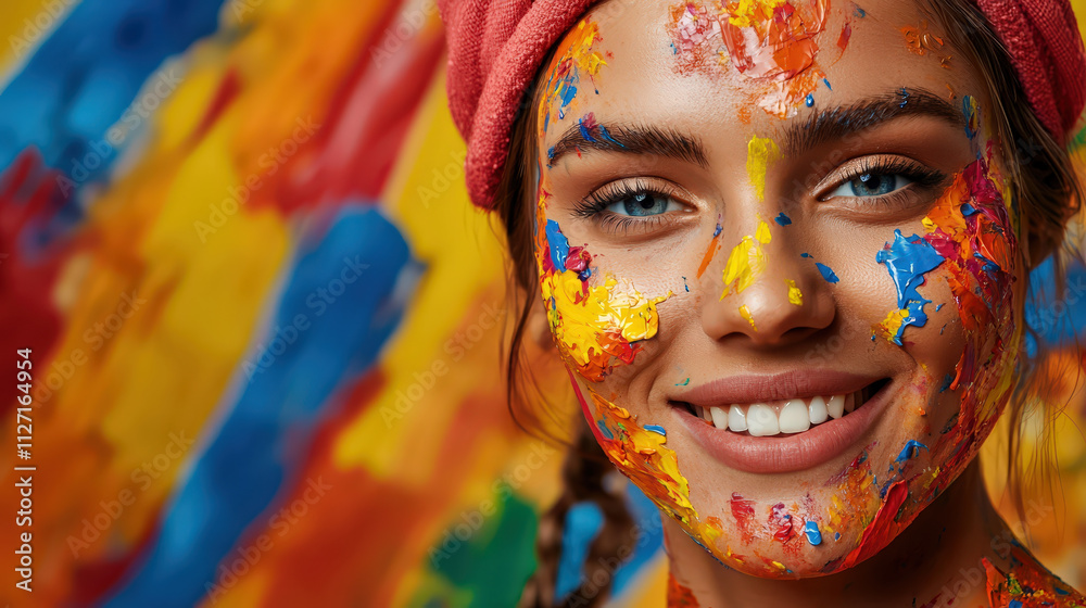 Obraz premium vibrant close up portrait of painter with colorful paint on her face, smiling joyfully against bright, abstract background. expression radiates creativity and passion