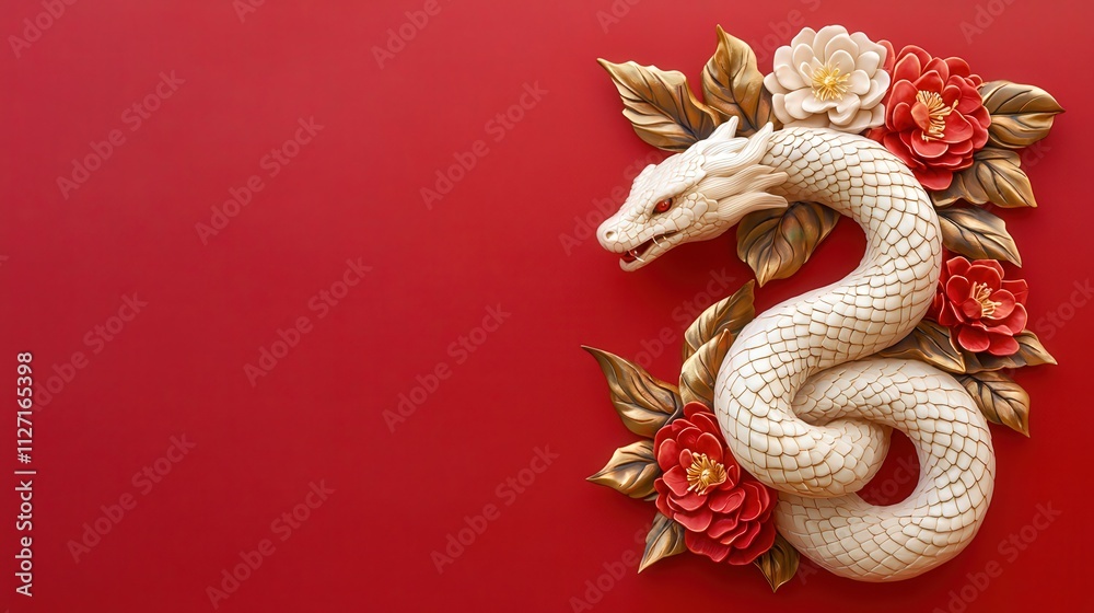 Chinese New Year. White dragon entwined with flowers on a red background. Chinese New Year. White dragon entwined with flowers on a red background.