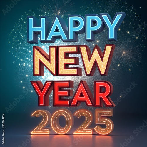 Happy New Year 2025 Text Effect Banner - Gold Luxury Glow for Countdown Party, Shiny Festive Celebration Template with Fireworks, Confetti, Sparkle, and Elegant Modern Design Illustration